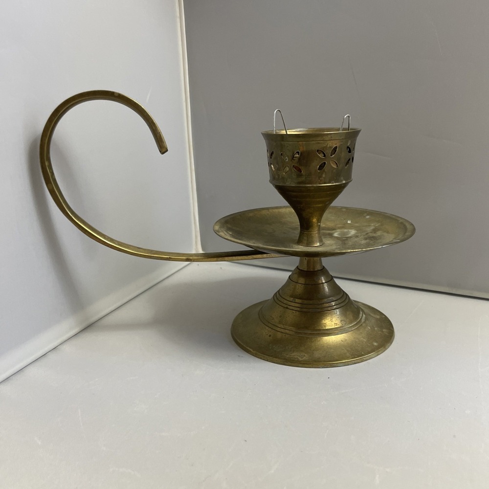 Vintage  Brass Large Chamber Candlestick Holder With Scroll Swirl Handle Cutouts